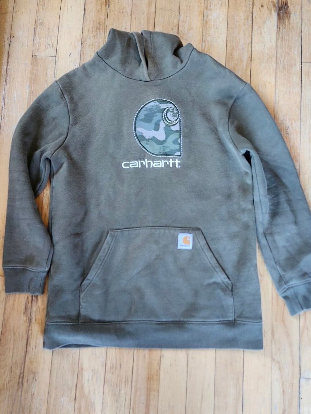 Carhartt Kids Olive Green Hoodie Size L (14-16) Camo Logo Kangaroo Pocket